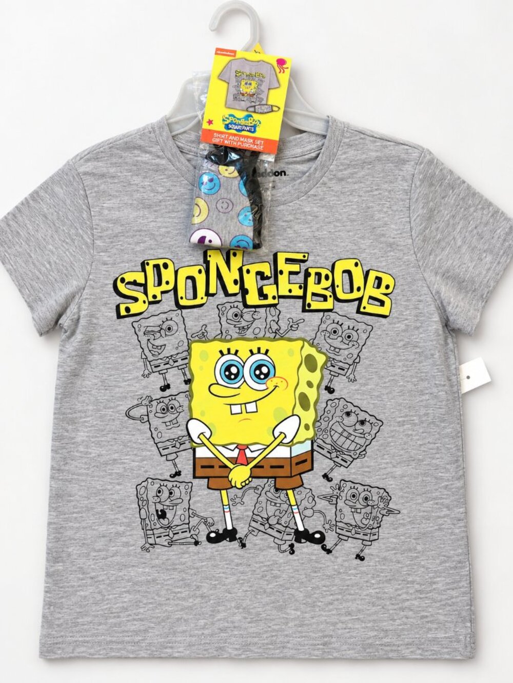 Nickelodeon SpongeBob Kids T-Shirt Large 11-13 Gray Graphic Tee Mask Set NWT New